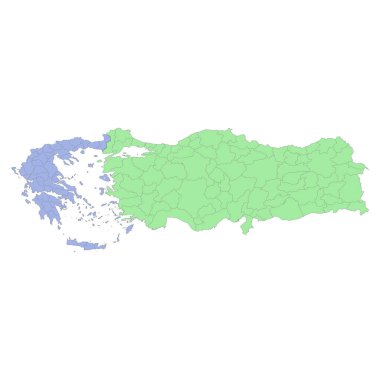 Yunanistan ve Türkiye 'nin bölge veya il sınırları ile ilgili yüksek kaliteli siyasi haritası. Vektör illüstrasyonu