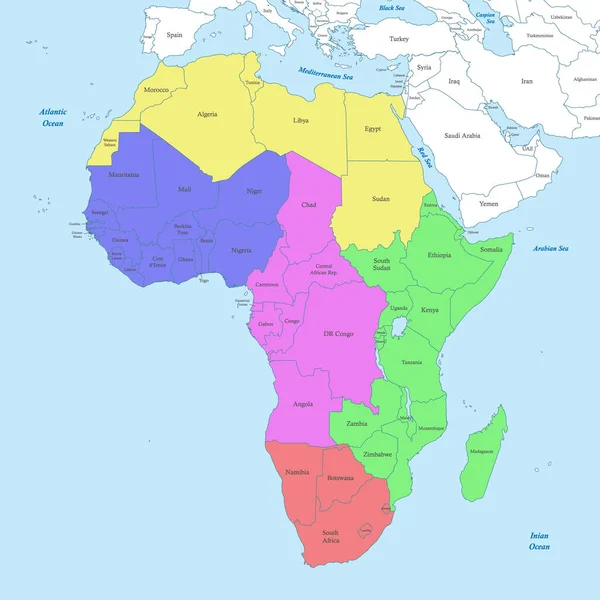Politická Barevná Mapa Afriky Hranicemi Států — Stockový vektor