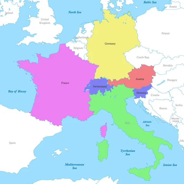Mapa Político Color Los Países Alpinos Con Fronteras Los Países — Archivo Imágenes Vectoriales