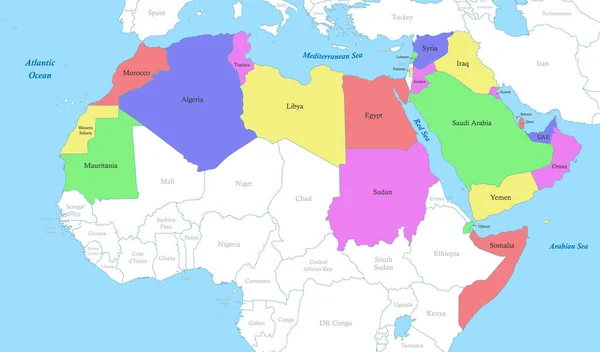 阿拉伯世界与国家边界的政治色彩图 — 图库矢量图片
