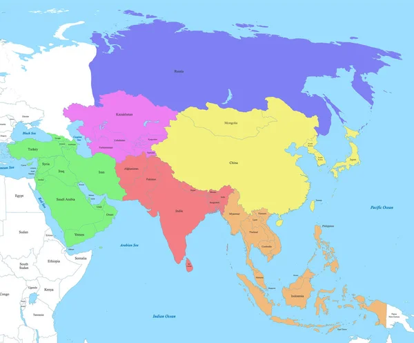 国家の国境を持つアジアの政治色地図 — ストックベクタ