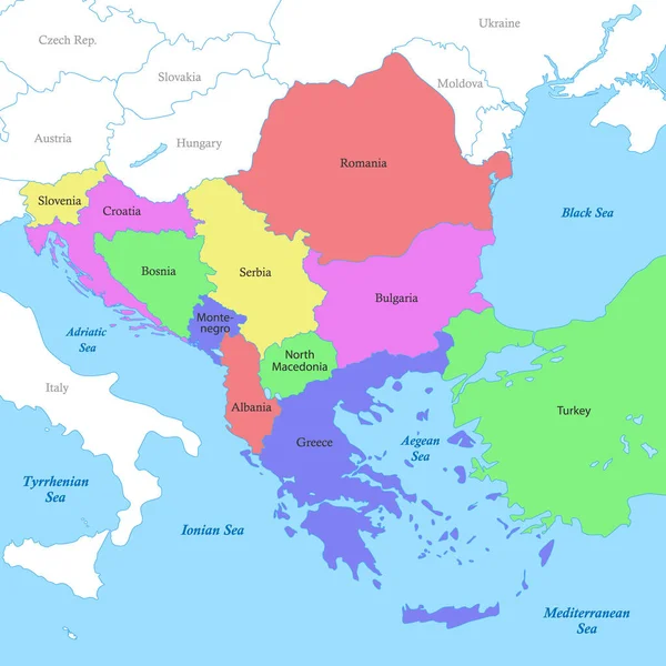Mapa Político Colorido Dos Balcãs Com Fronteiras Dos Países — Vetor de Stock