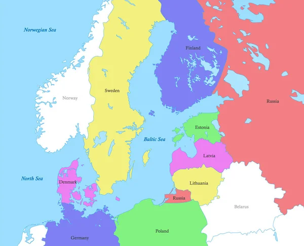 波罗的海区域与国家边界的彩色政治地图 — 图库矢量图片