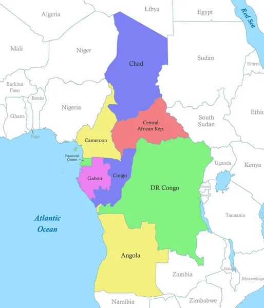 Политическая Цветная Карта Центральной Африки Границами Государств — стоковый вектор