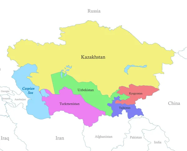 중앙아시아의 천연색 지도와 나라들의 — 스톡 벡터