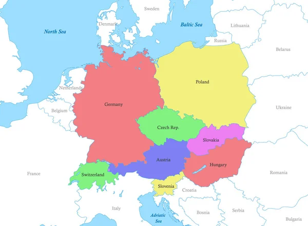 Mappa Politica Colori Dell Europa Centrale Con Confini Dei Paesi — Vettoriale Stock