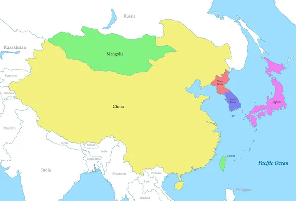 Carte Politique Couleur Asie Est Avec Les Frontières Des États — Image vectorielle