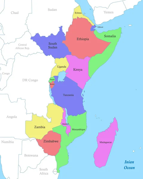 Politická Barevná Mapa Východní Afriky Hranicemi Států — Stockový vektor