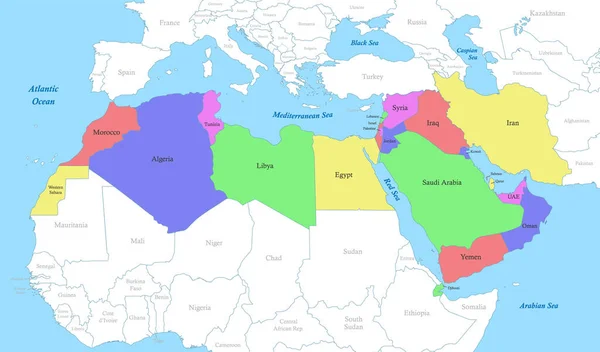 Politická Barevná Mapa Regionu Mena Hranicemi Států Střední Východ Severní — Stockový vektor