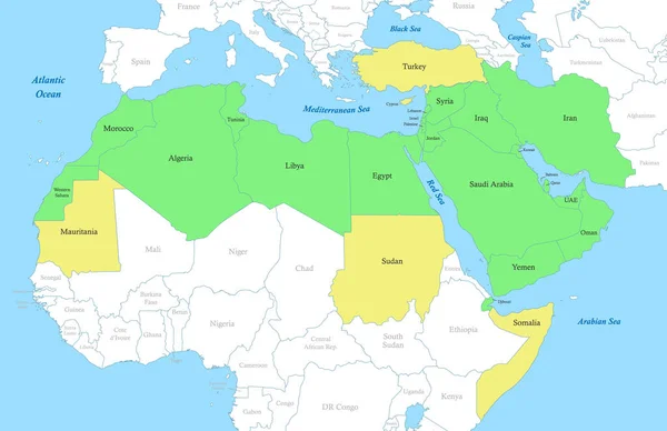 中东和北非地区与各州边界的政治色彩图 中东和北非 — 图库矢量图片