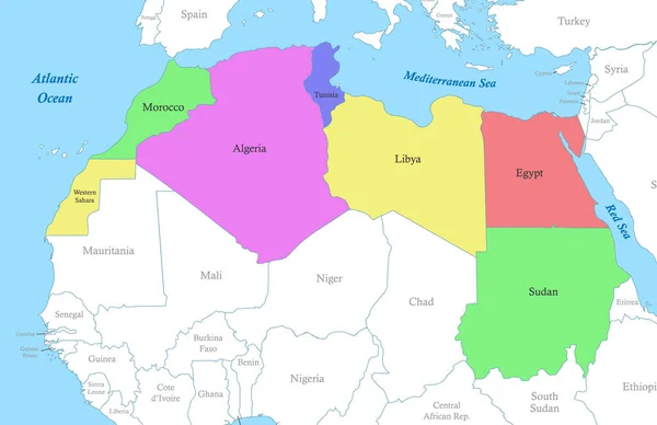 Politická Barevná Mapa Severní Afriky Hranicemi Států — Stockový vektor