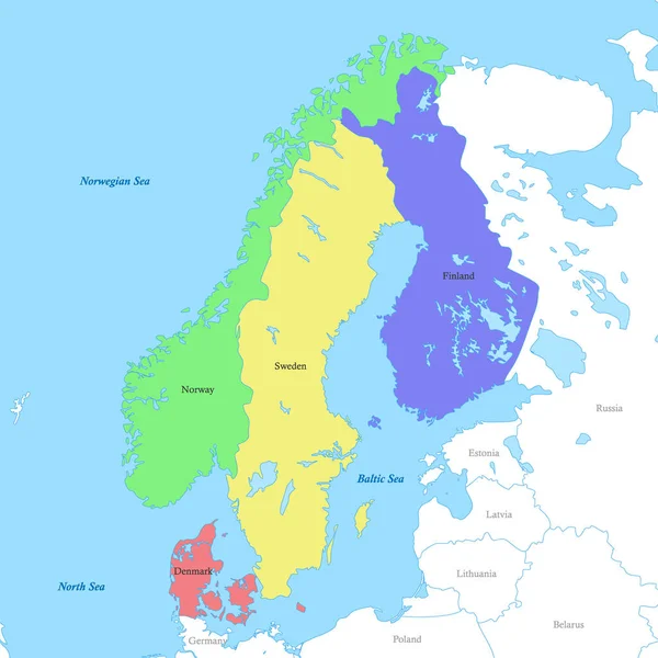 绘制了北欧与各国交界的政治地图 斯堪的纳维亚半岛 — 图库矢量图片