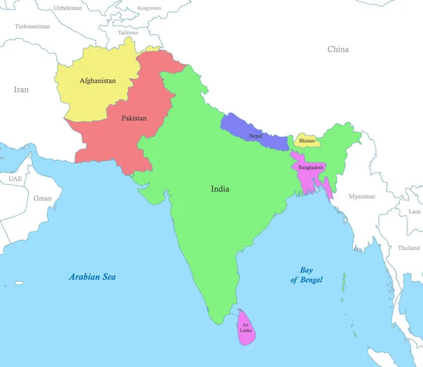 Політична Колірна Мапа Південної Азії Кордонами Держав — стоковий вектор