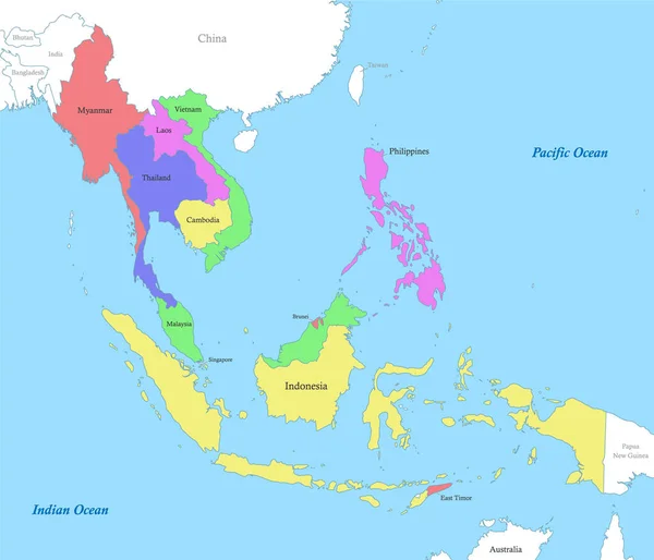 Mapa Cor Política Sudeste Asiático Com Fronteiras Dos Estados — Vetor de Stock