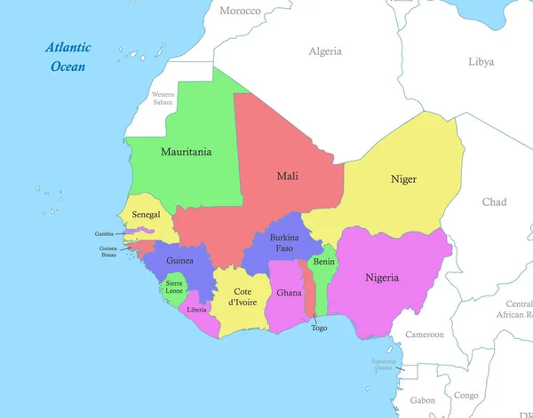 西アフリカの政治色地図州の境界線 — ストックベクタ