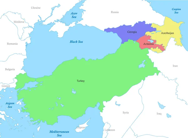 Έγχρωμος Πολιτικός Χάρτης Τουρκίας Και Καυκάσου Σύνορα Των Χωρών — Διανυσματικό Αρχείο