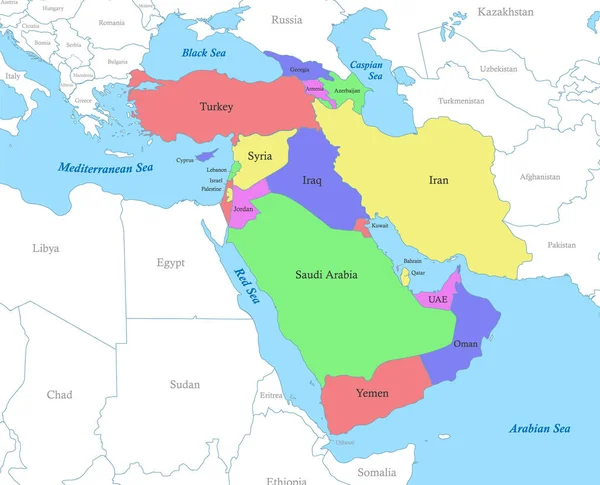 Πολιτικός Έγχρωμος Χάρτης Της Δυτικής Ασίας Σύνορα Των Κρατών — Διανυσματικό Αρχείο