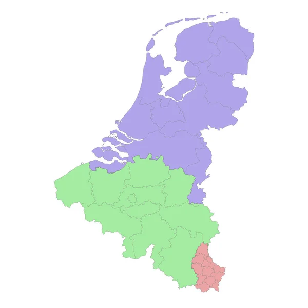 ベルギー オランダ ルクセンブルクの高品質の政治地図地域や州の国境を持つ ベクターイラスト — ストックベクタ