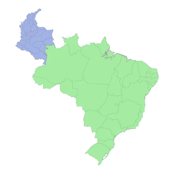 地域や州の境界線とブラジルとコロンビアの高品質の政治地図 ベクターイラスト — ストックベクタ