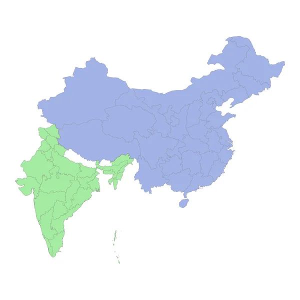 Politisk Karta Hög Kvalitet Över Kina Och Indien Med Regionernas — Stock vektor