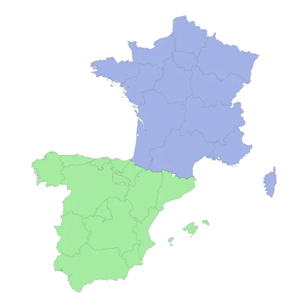 法国和西班牙与各地区或各省交界的高质量政治地图 矢量说明 — 图库矢量图片