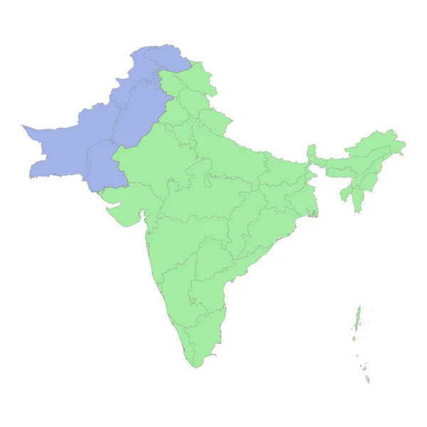 Высококачественная Политическая Карта Индии Пакистана Границами Регионов Провинций Векторная Иллюстрация — стоковый вектор