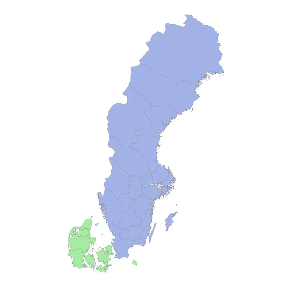 Mapa Político Alta Calidad Suecia Dinamarca Con Fronteras Las Regiones — Vector de stock