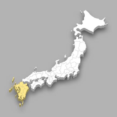Japonya 'daki Kyushu bölgesi konumu 3d izometrik harita