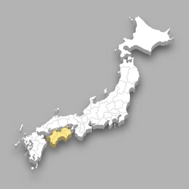 Shikoku bölgesi Japonya içinde 3D izometrik harita