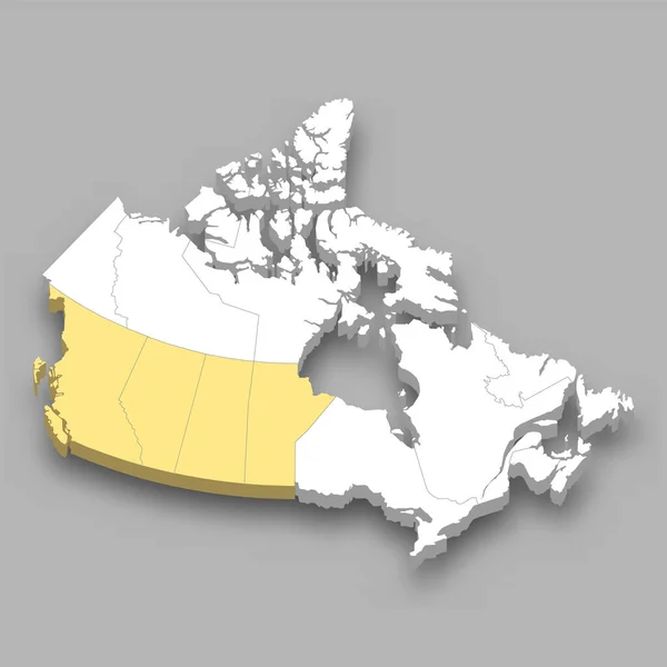 カナダ内の西カナダ地域の位置 3Dアイソメトリックマップ — ストックベクタ