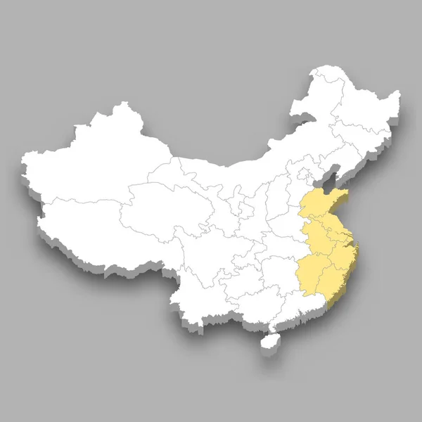 Ubicación Región Este Dentro China Mapa Isométrico — Vector de stock