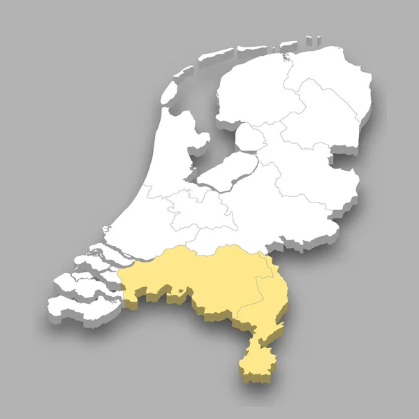 オランダ内の南地域の位置 3Dアイソメトリックマップ — ストックベクタ