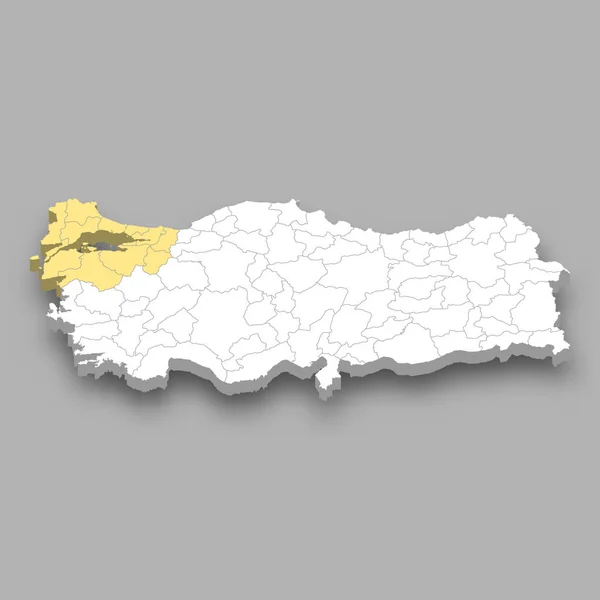 トルコ内のMarmara地域の位置 3Dアイソメトリックマップ — ストックベクタ