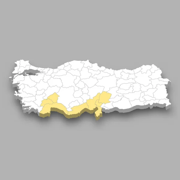 Mediterrán Régió Elhelyezkedése Törökországon Belül Izometrikus Térkép — Stock Vector