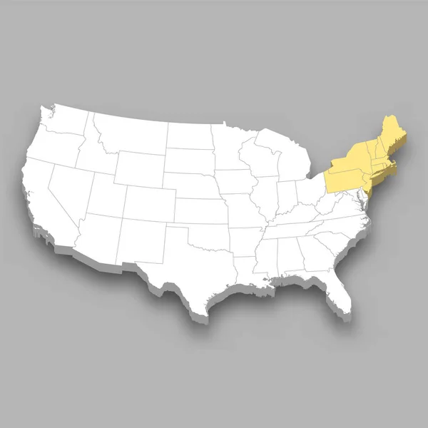 Lage Der Region Nordosten Innerhalb Der Vereinigten Staaten Isometrische Karte — Stockvektor