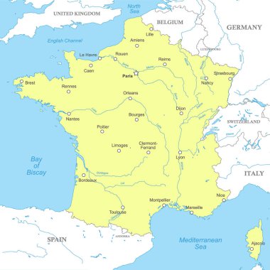 Political map of France with national borders, cities and rivers clipart