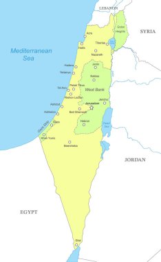 Ulusal sınırları, şehirleri ve nehirleri olan İsrail 'in siyasi haritası