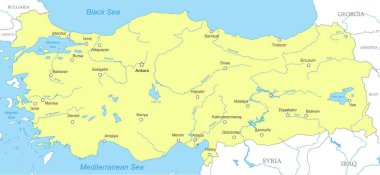 Türkiye 'nin ulusal sınırları, şehirleri ve nehirleriyle ilgili siyasi haritası