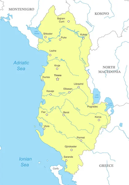 Πολιτικός Χάρτης Της Αλβανίας Εθνικά Σύνορα Πόλεις Και Ποτάμια — Διανυσματικό Αρχείο