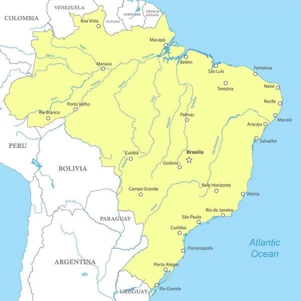 Mapa Político Brasil Com Fronteiras Nacionais Cidades Rios — Vetor de Stock