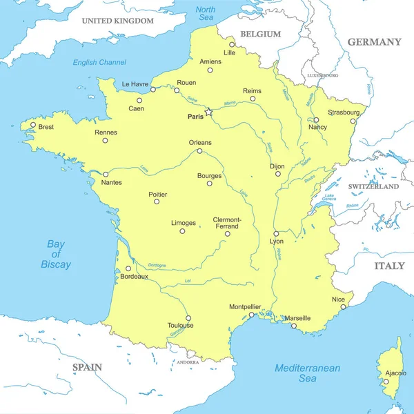 法国与国家边界 城市和河流的政治地图 — 图库矢量图片