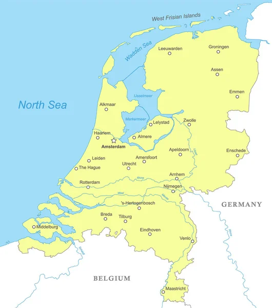 Mapa Político Dos Países Baixos Com Fronteiras Nacionais Cidades Rios — Vetor de Stock