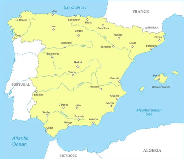Ulusal Sınırları Şehirleri Nehirleri Olan Spanya Nın Siyasi Haritası — Stok Vektör