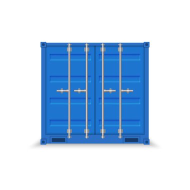 3D mavi kargo gemisi konteynırı. Ön görünüm