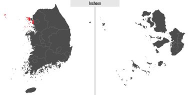 Güney Kore Incheon eyaletinin haritası ve Kore haritasındaki konumu