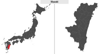 Japonya 'nın Miyazaki bölgesinin haritası ve Japon haritasındaki konumu