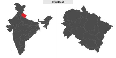 Hindistan 'ın Uttarakhand eyaletinin haritası ve Hindistan haritasındaki konumu