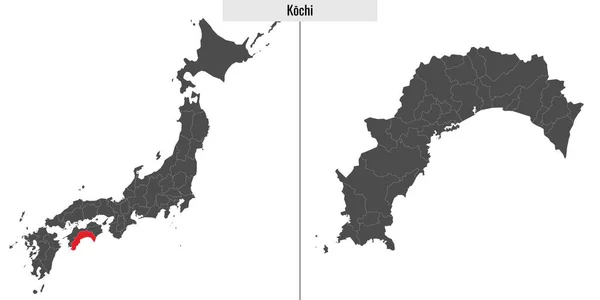 Mappa Prefettura Kochi Del Giappone Posizione Sulla Mappa Giapponese — Vettoriale Stock