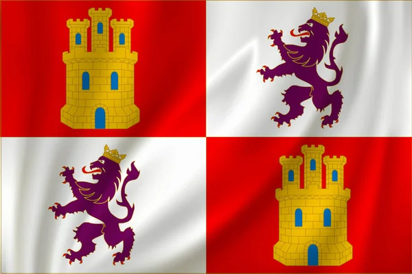 Bandeira Castela Leão Acenando Vento Sobre Fundo Seda Estado Espanha — Vetor de Stock
