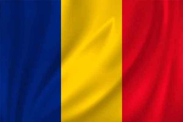 Σημαία Της Ρουμανίας Κυματίζει Στον Άνεμο Μεταξωτό Φόντο — Διανυσματικό Αρχείο